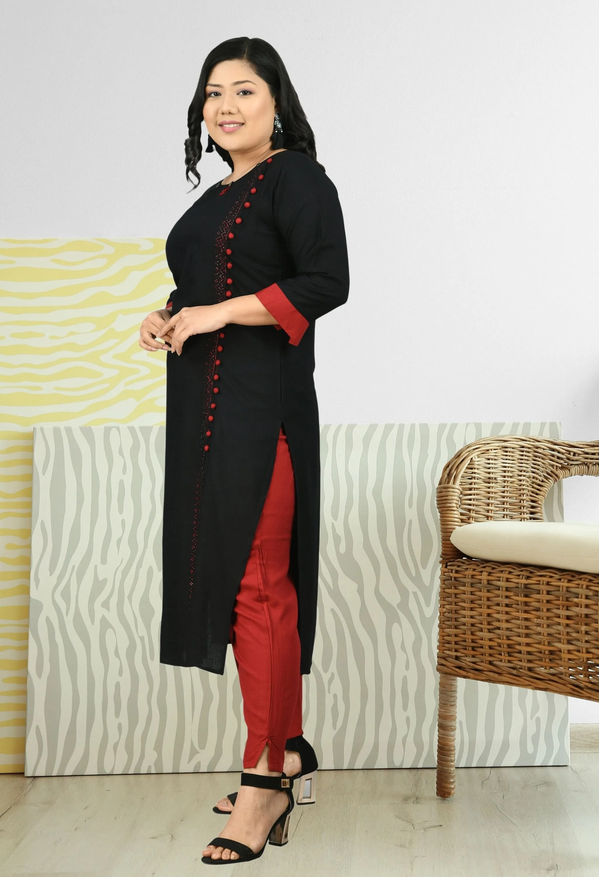 Plus Size Red & Black Designer Black Kurta Pant Set