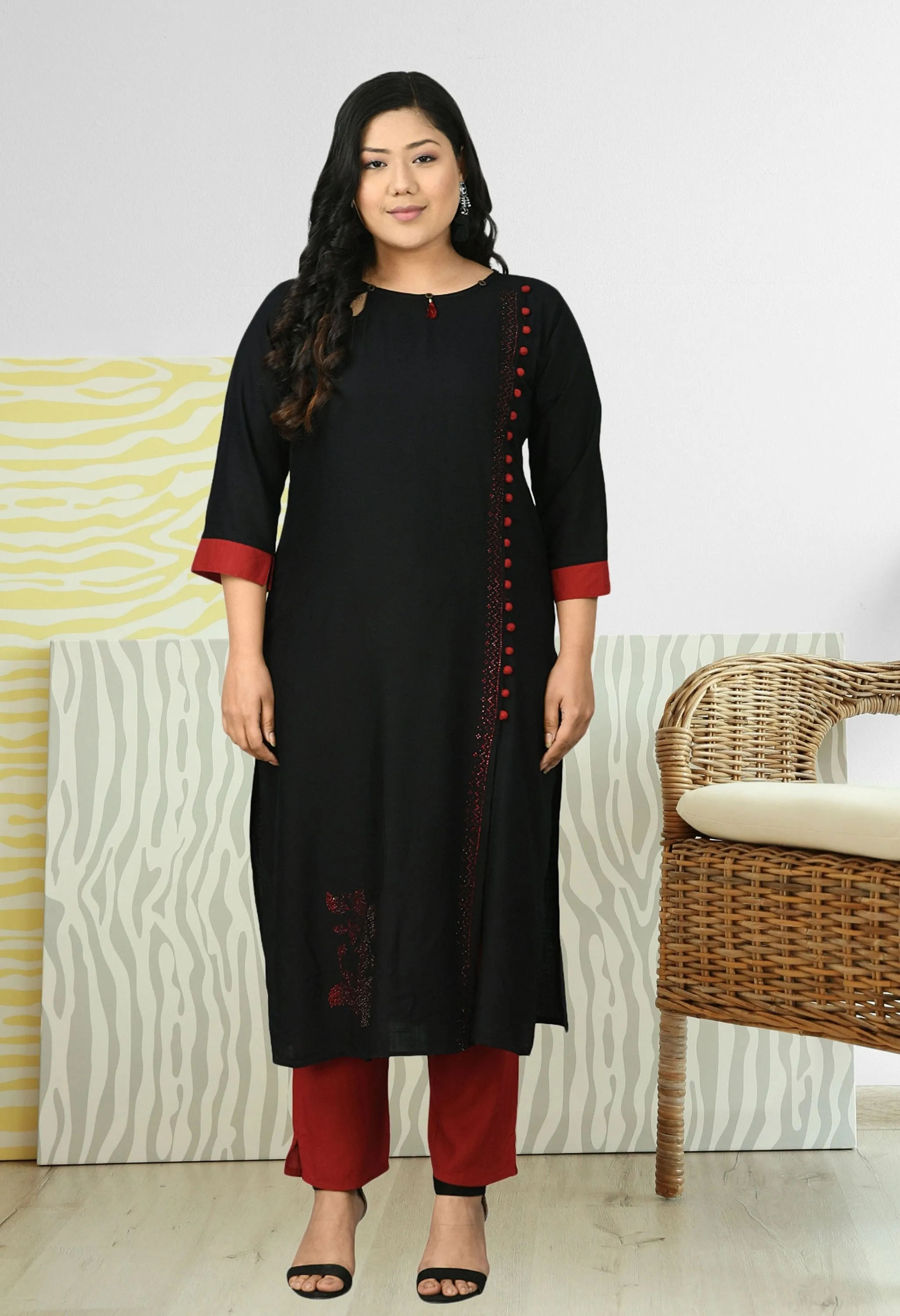 Plus Size Red & Black Designer Black Kurta Pant Set