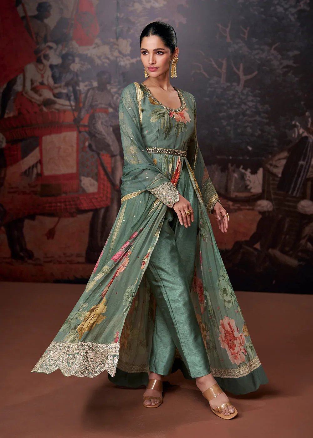 Sage Green Printed & Embroidered Wedding Anarkali Dress