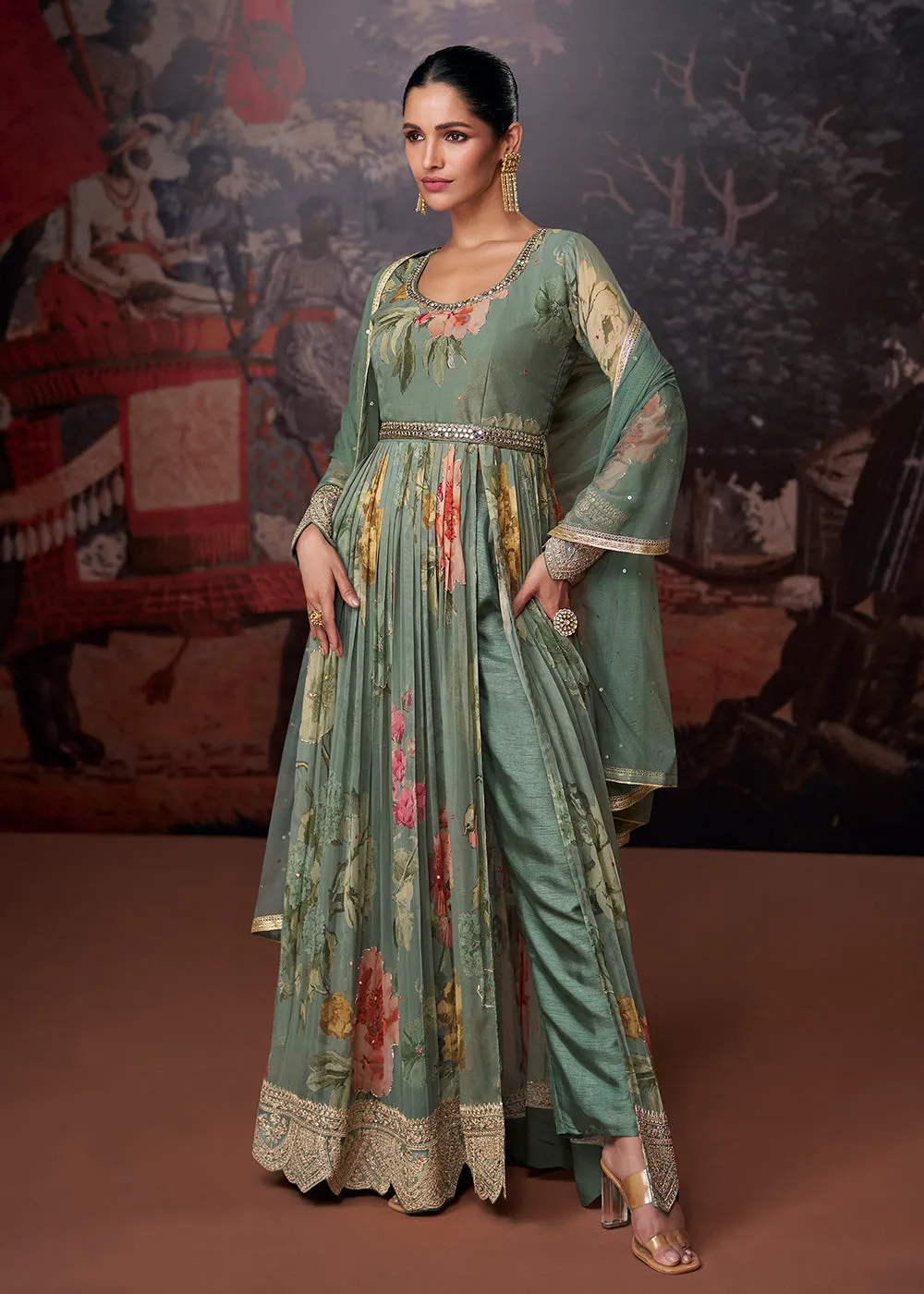 Sage Green Printed & Embroidered Wedding Anarkali Dress