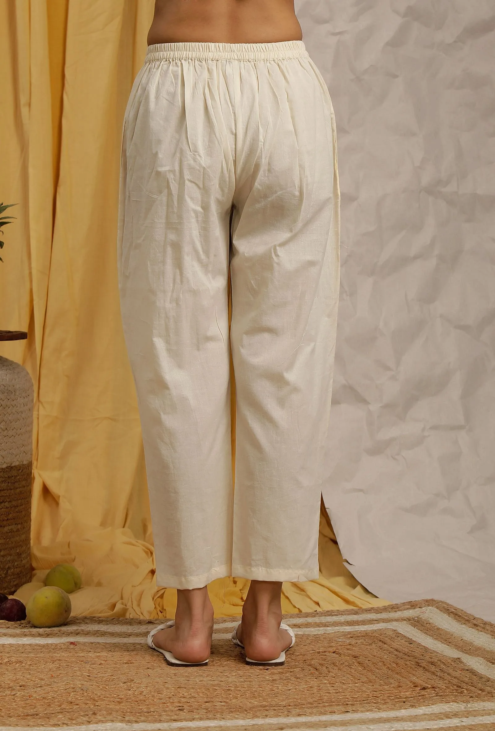 Set Of 2: Off White Cotton Schiffli Flared Tunic & Narrow Pants