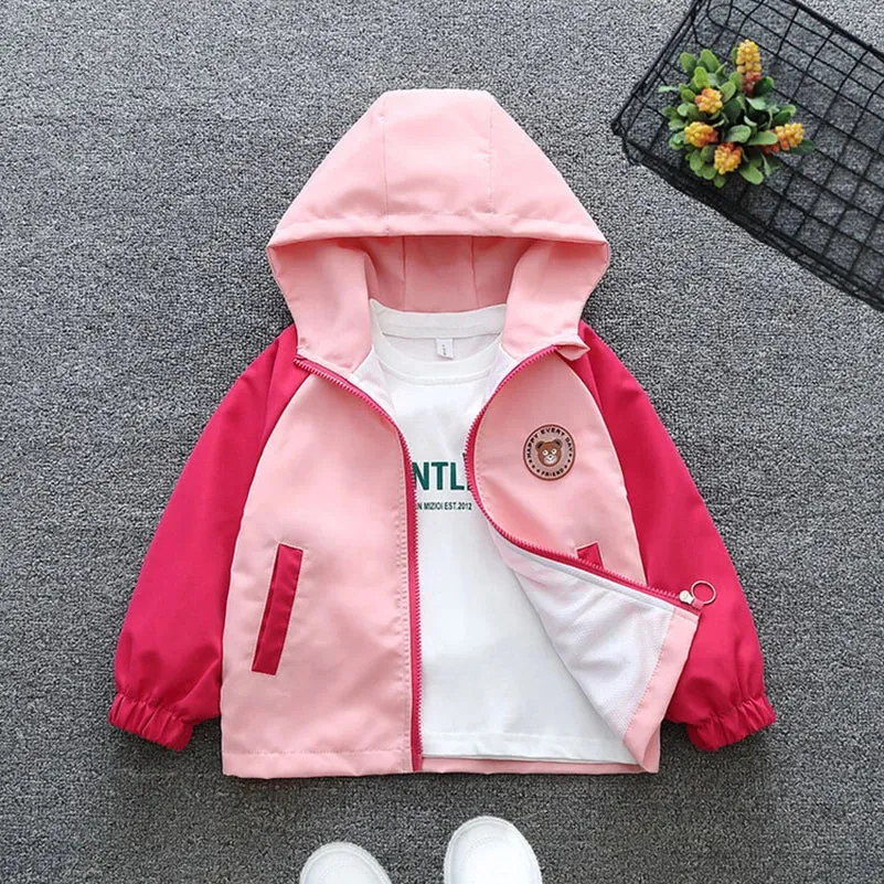 Spring and Autumn 2024 Girls and Children's Leisure Splicing Bag Long sleeved Hooded Zipper Coat Children's Clothing 1-8 Years