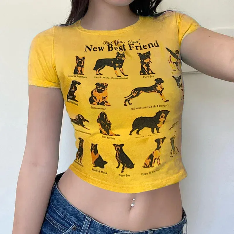 Street Style Dog Print American Slim Casual Short Korean Reviews Women's T-shirt