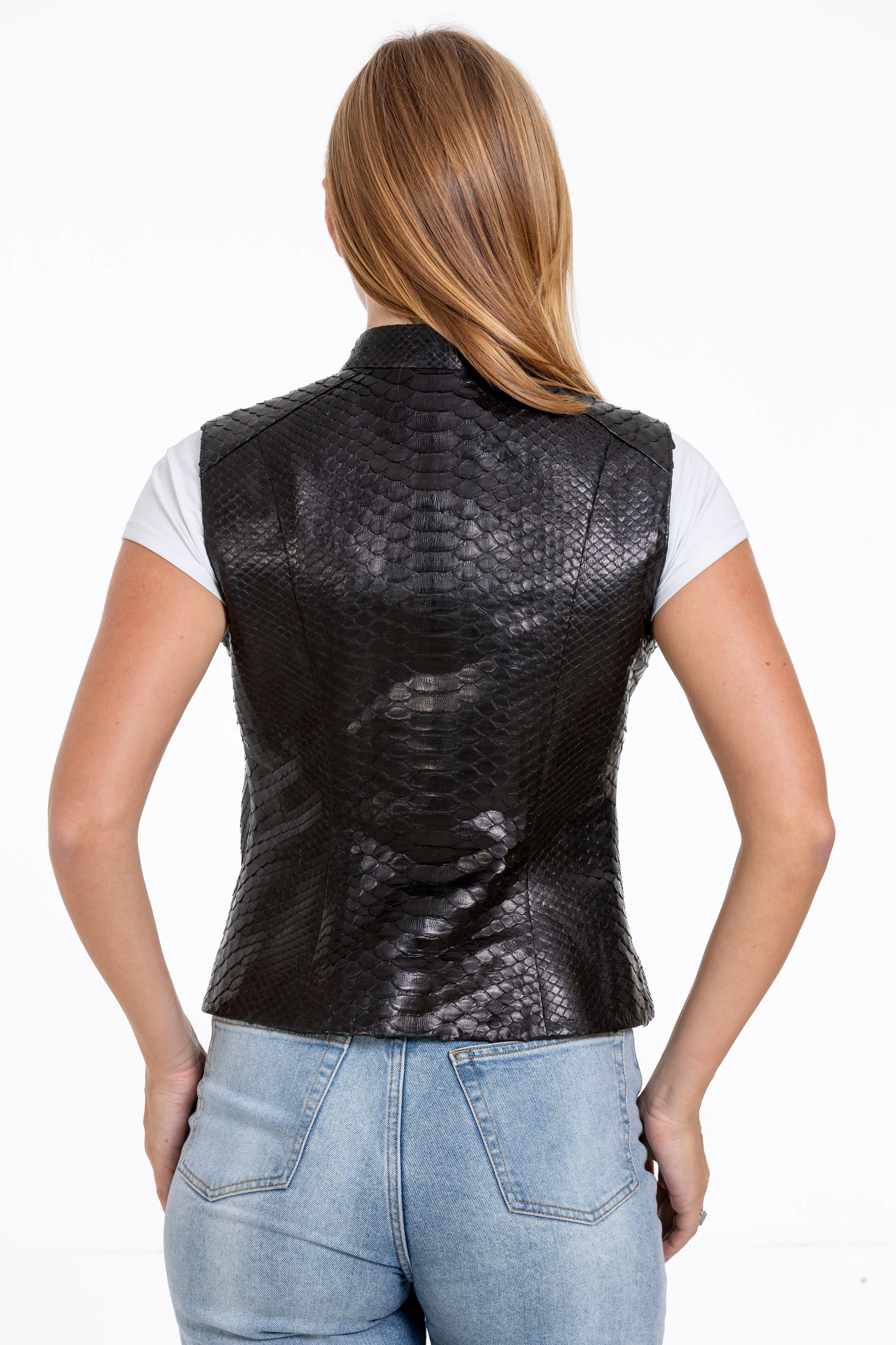 The Strasbourg Pythn Skin Leather Black Zip-Up Vest Women Jacket