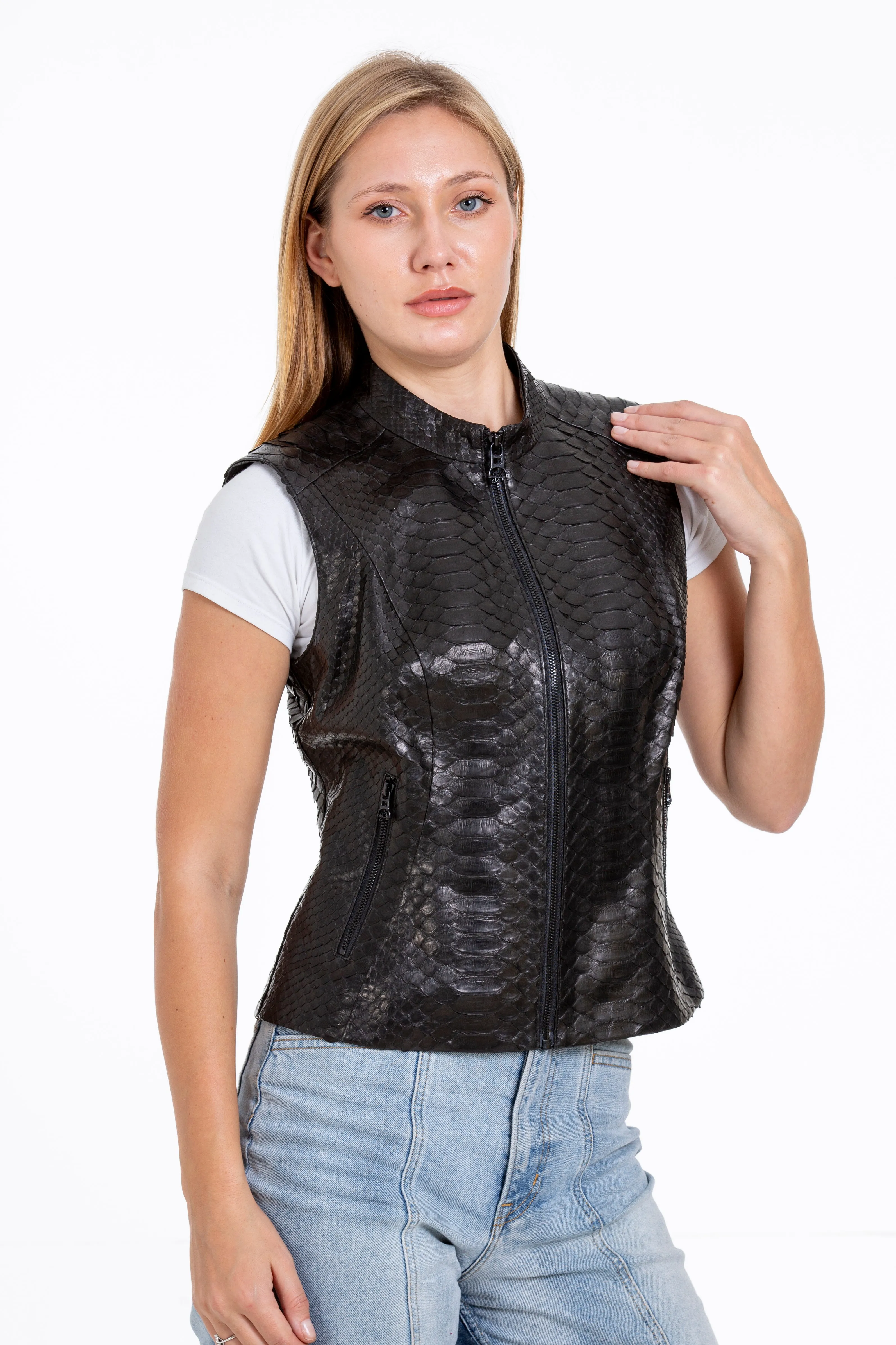 The Strasbourg Pythn Skin Leather Black Zip-Up Vest Women Jacket