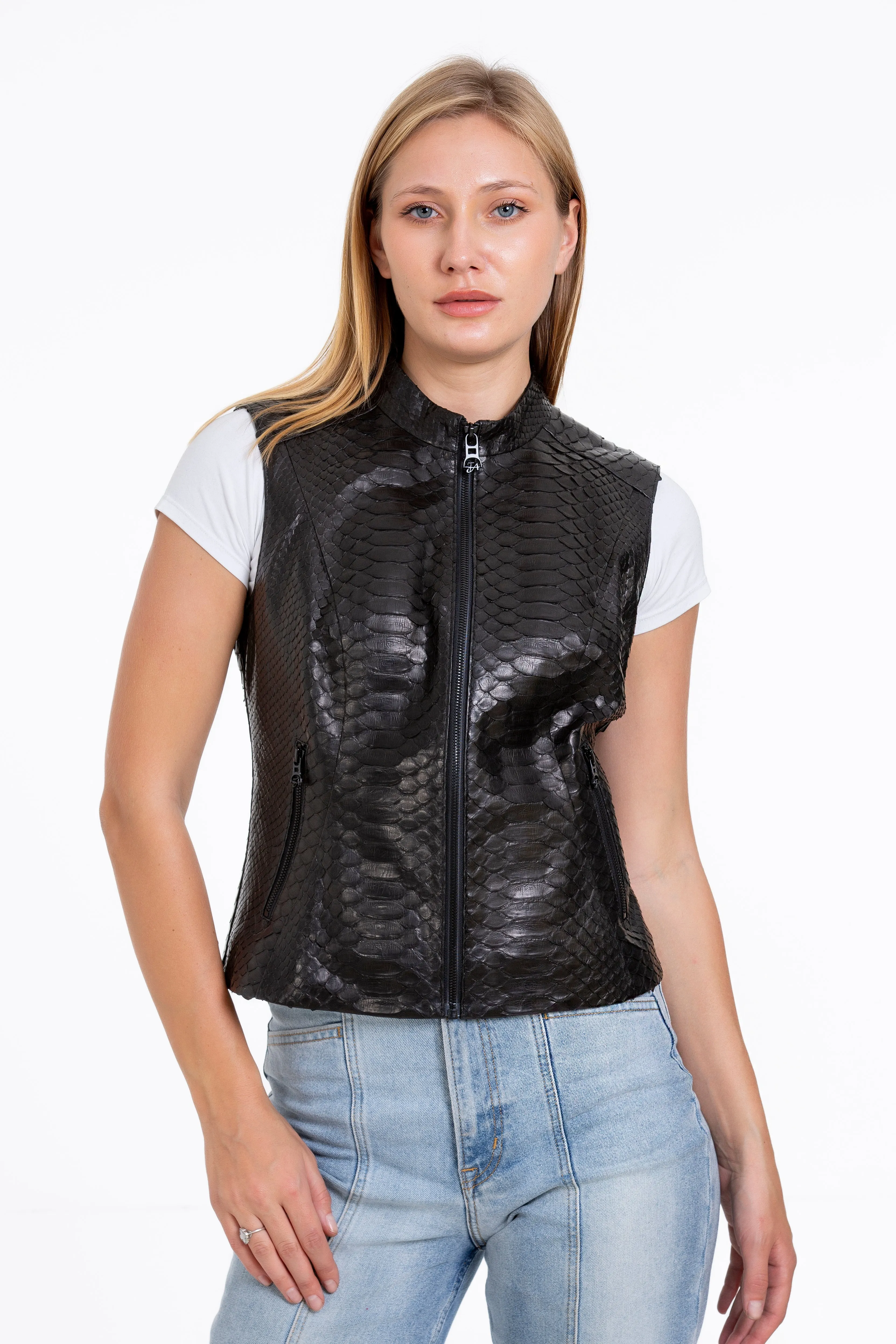 The Strasbourg Pythn Skin Leather Black Zip-Up Vest Women Jacket