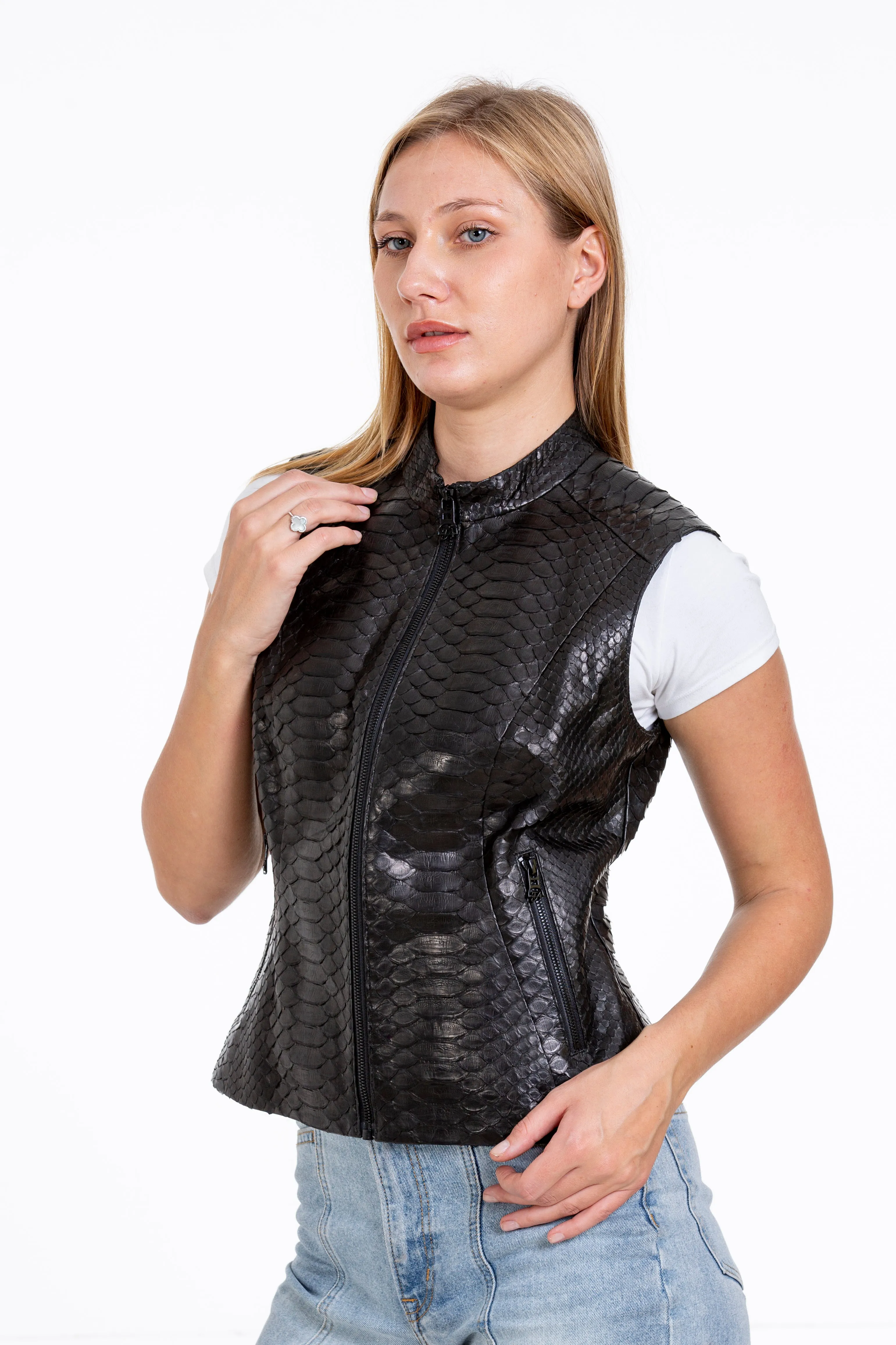 The Strasbourg Pythn Skin Leather Black Zip-Up Vest Women Jacket