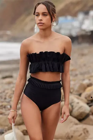 Two-Piece Bikini Women's Black Ruffled Top High Waist Bottoms Two-Piece Bathing-suit  Set