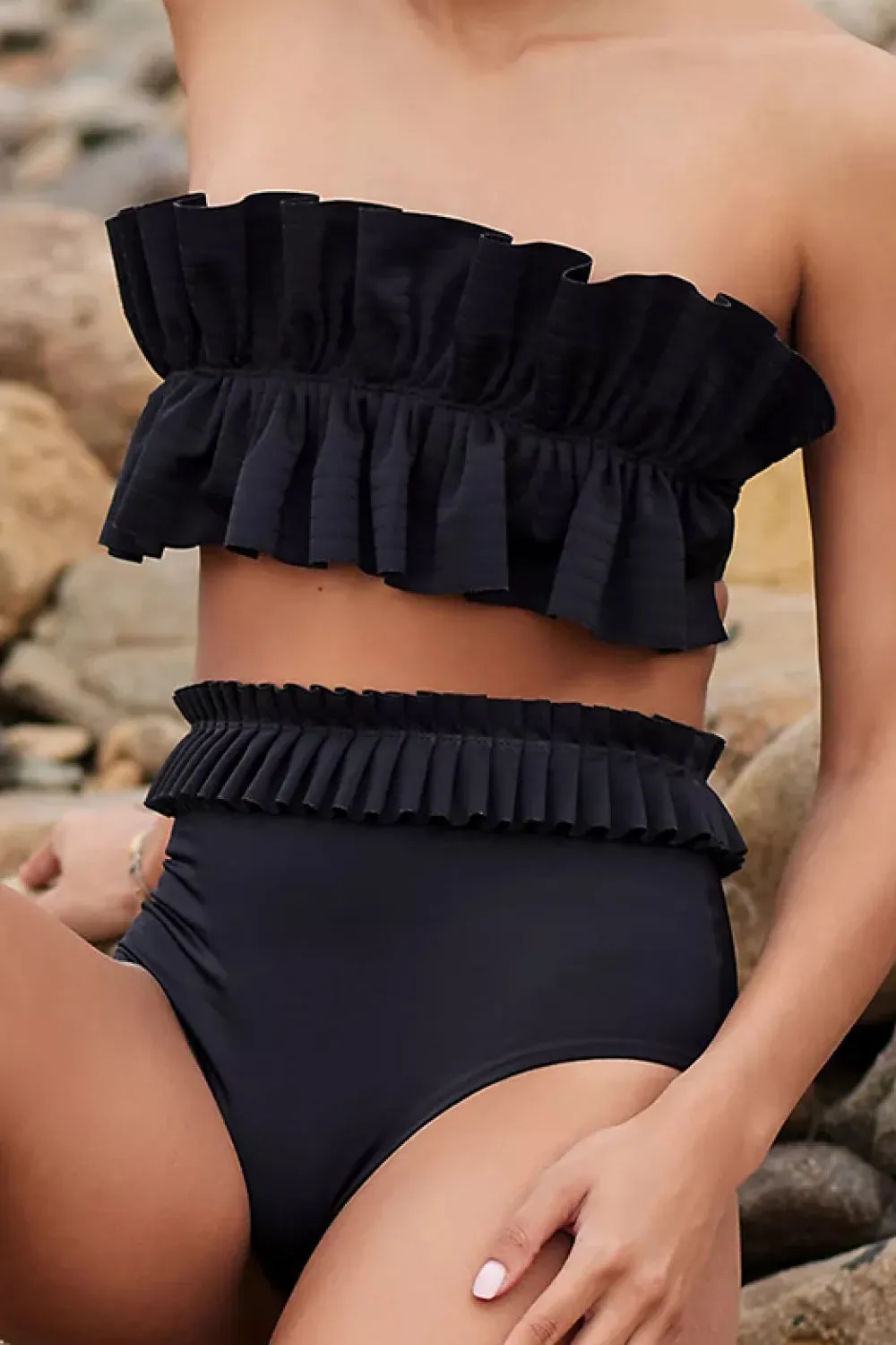 Two-Piece Bikini Women's Black Ruffled Top High Waist Bottoms Two-Piece Bathing-suit  Set