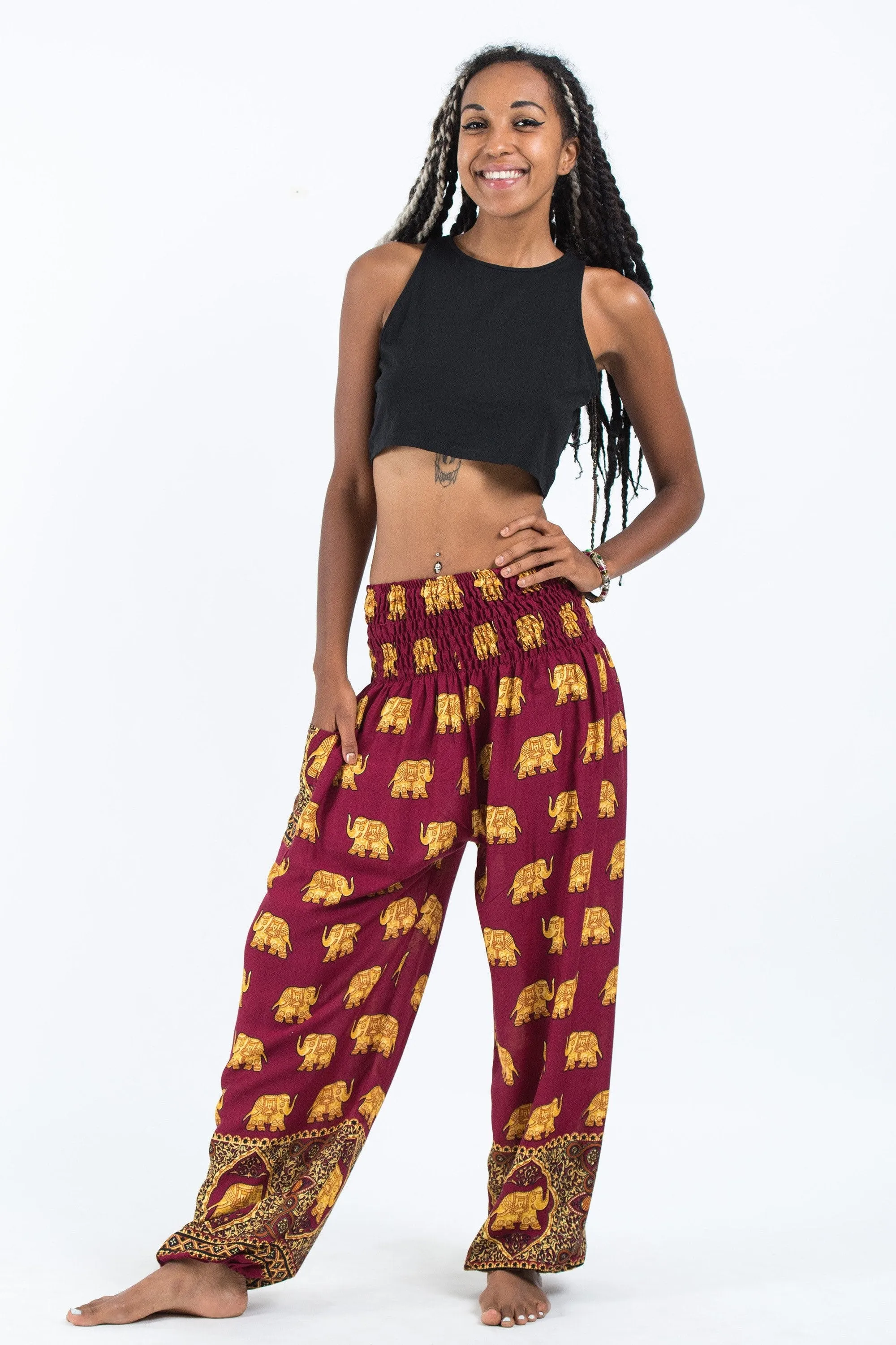 Unisex Golden Elephants Harem Pants in Maroon