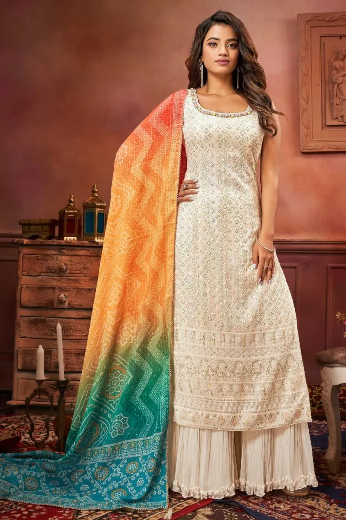 White Gharara Pant Ladies Suit with Multicolored dupatta