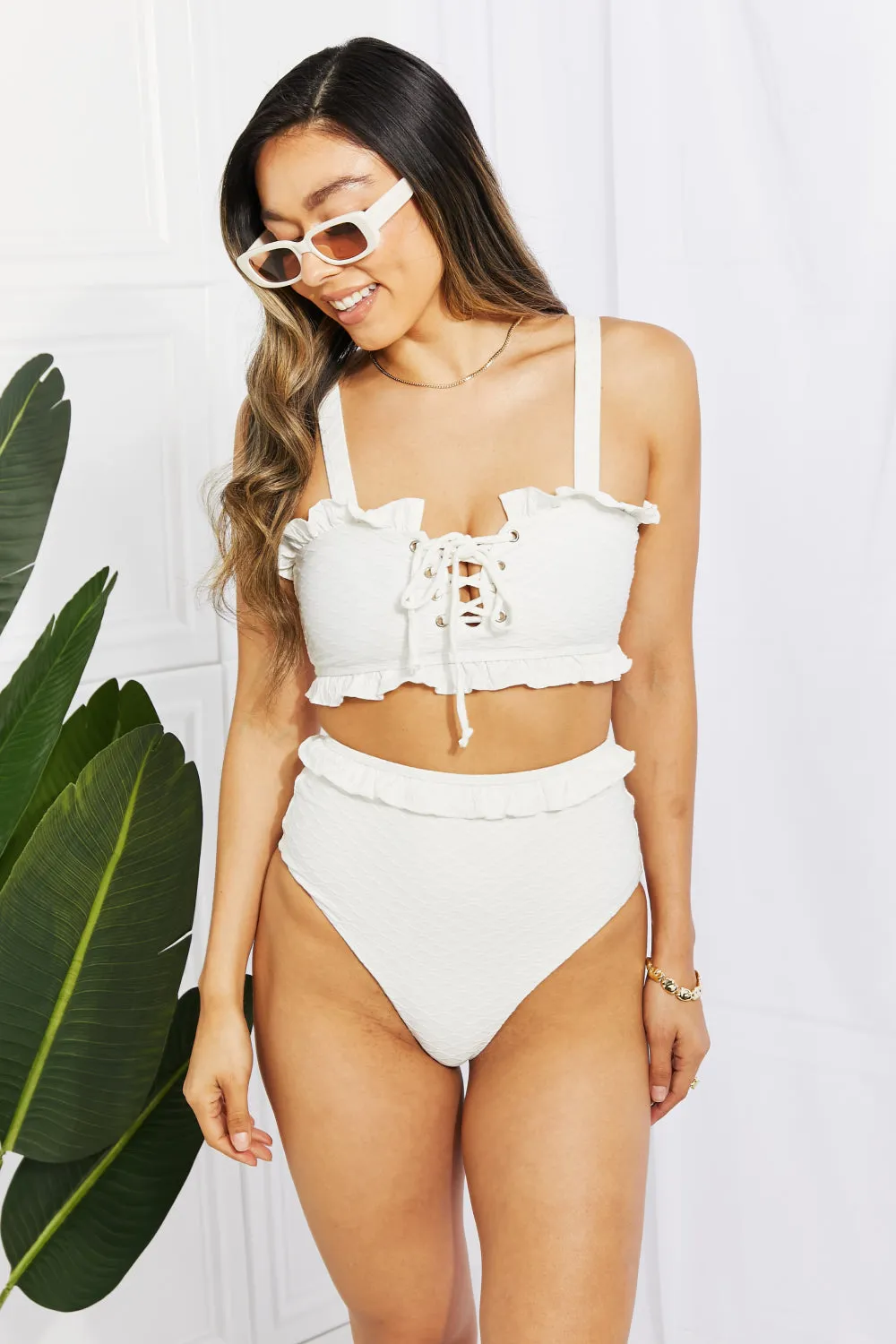 White High Waist Bikini Set White Front Lace-Up Nylon Luxury Premium Two Piece Swimsuit Set