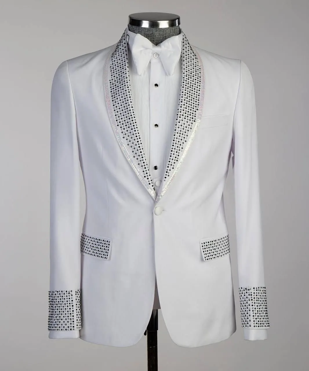 White Tuxedo Jacket Wedding With Black Stones