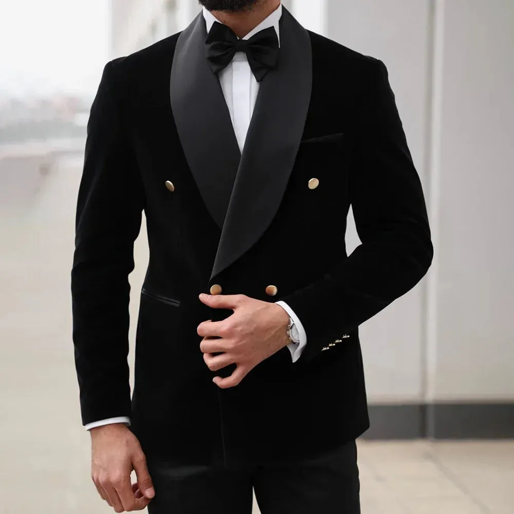 Wiaofellas  -  Elegant Velvet Men Suits Black Shawl Lapel Double Breasted Clothing 2 Piece Formal Prom Wedding Party Tuxedo (Jacket Pants)