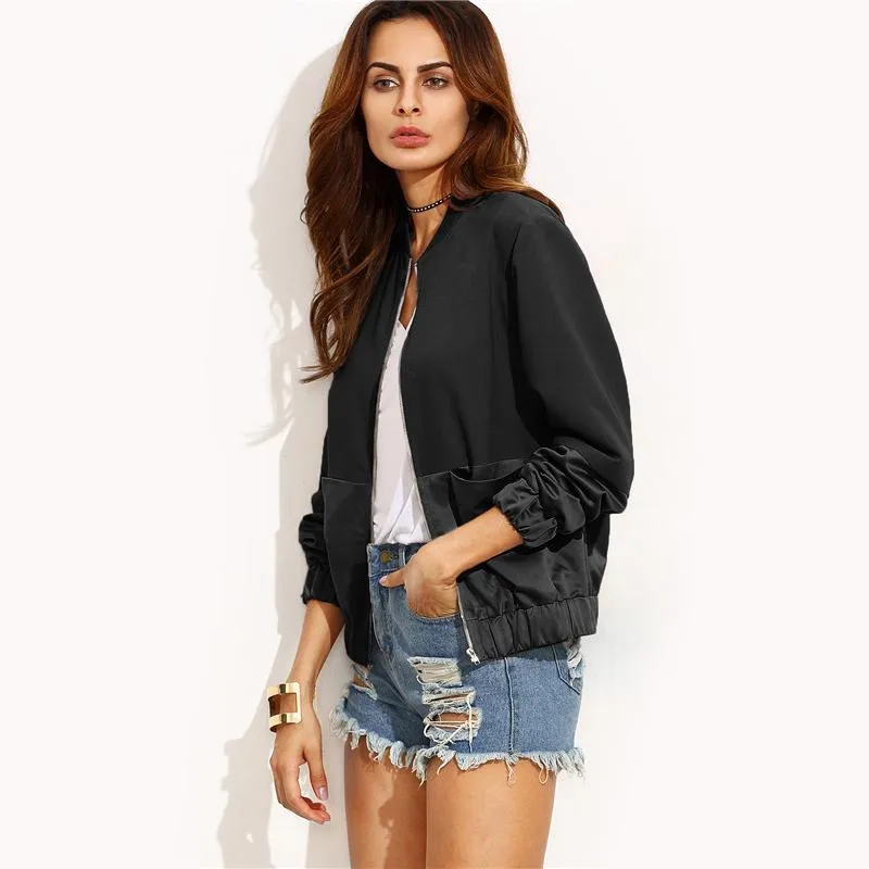 Women Black Mixed Zipper Long Sleeve Bomber jackets