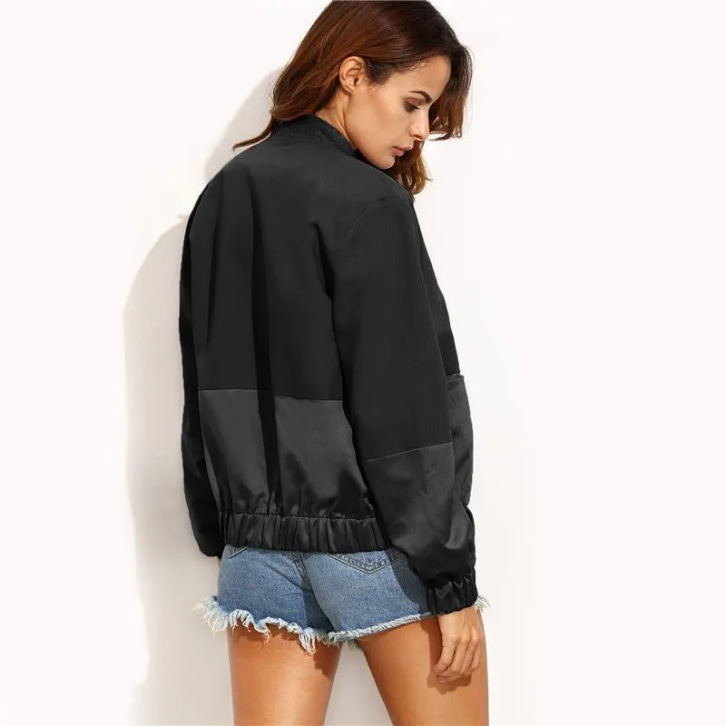 Women Black Mixed Zipper Long Sleeve Bomber jackets