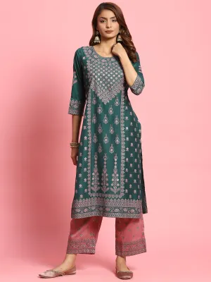 Women Green Ornamental Printed Kurta With Comfort Pant