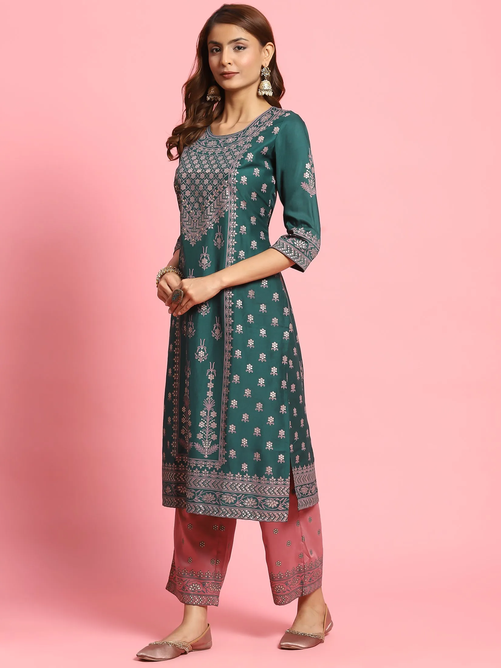 Women Green Ornamental Printed Kurta With Comfort Pant