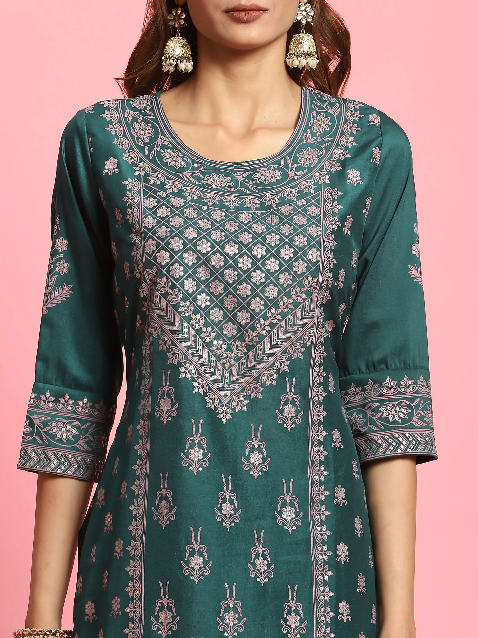 Women Green Ornamental Printed Kurta With Comfort Pant