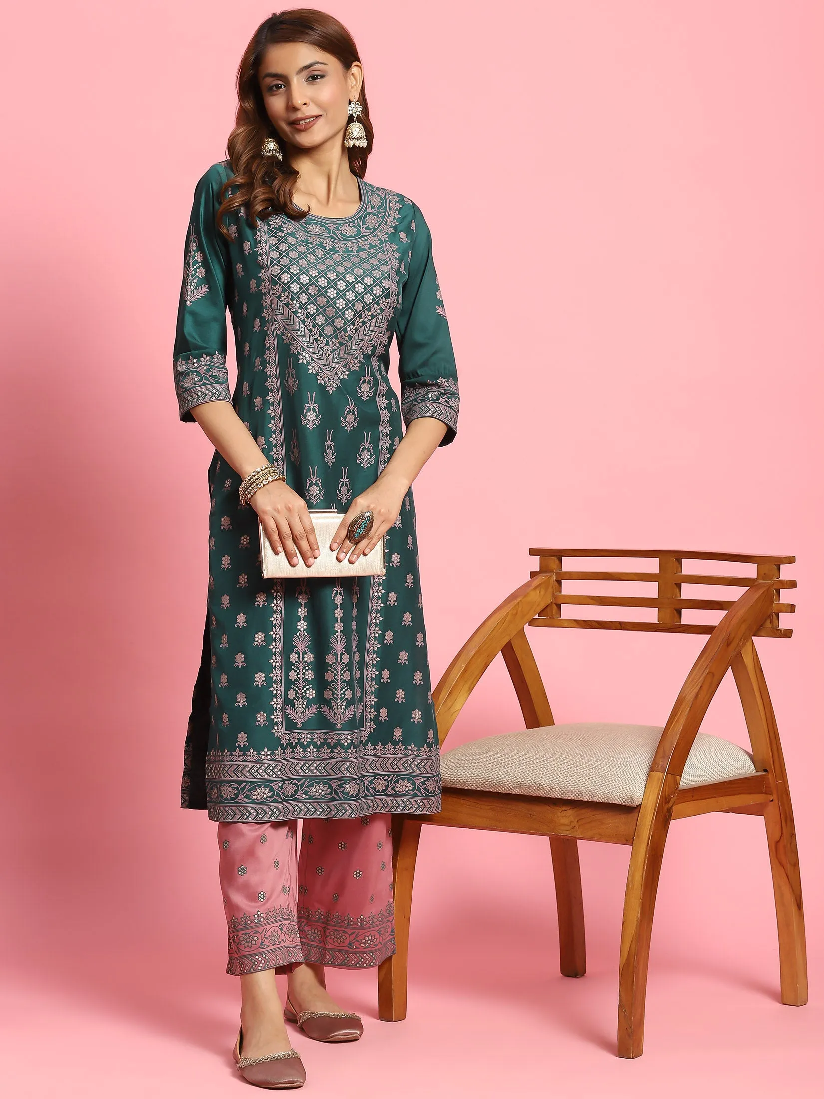 Women Green Ornamental Printed Kurta With Comfort Pant