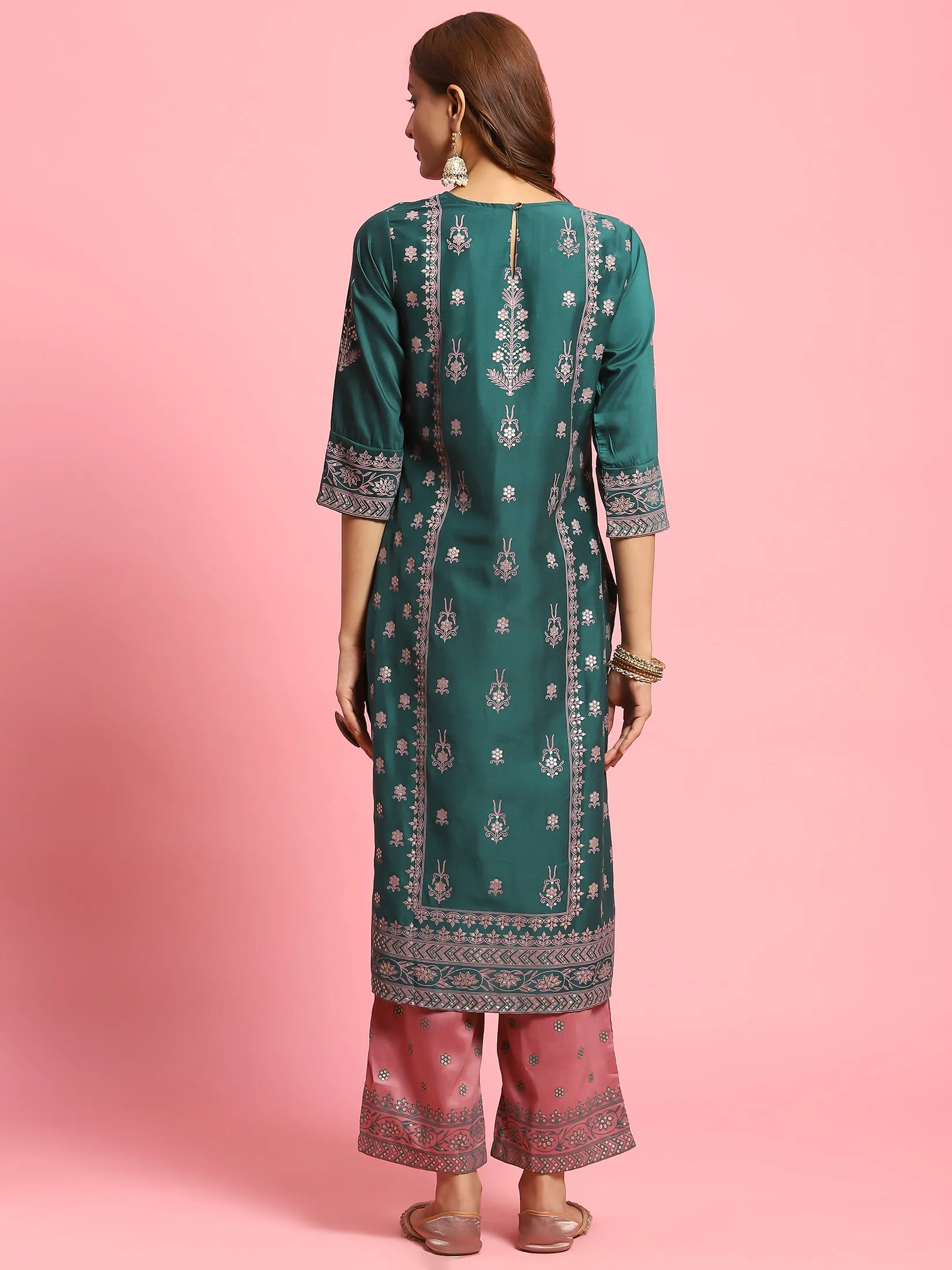 Women Green Ornamental Printed Kurta With Comfort Pant