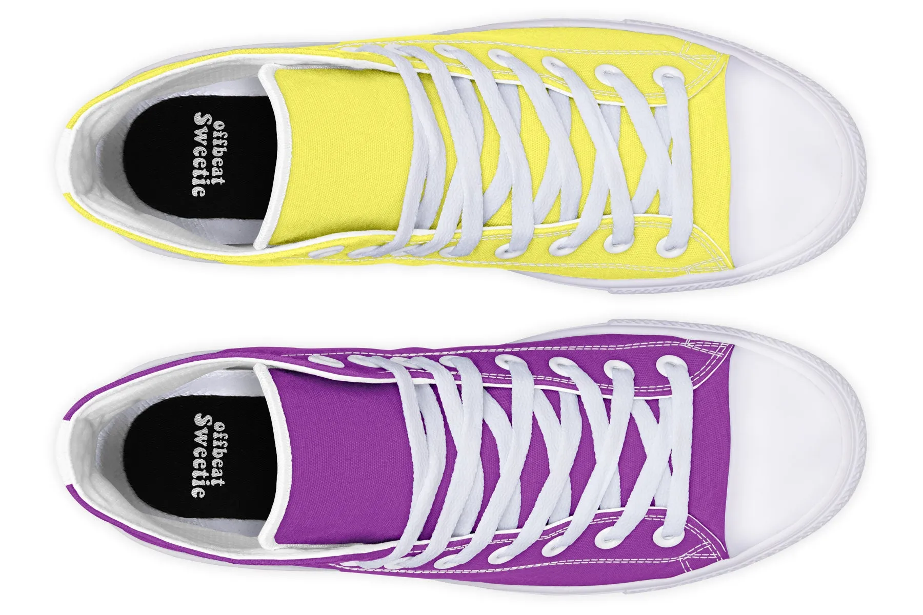 Yellow And Purple Mismatch High Tops