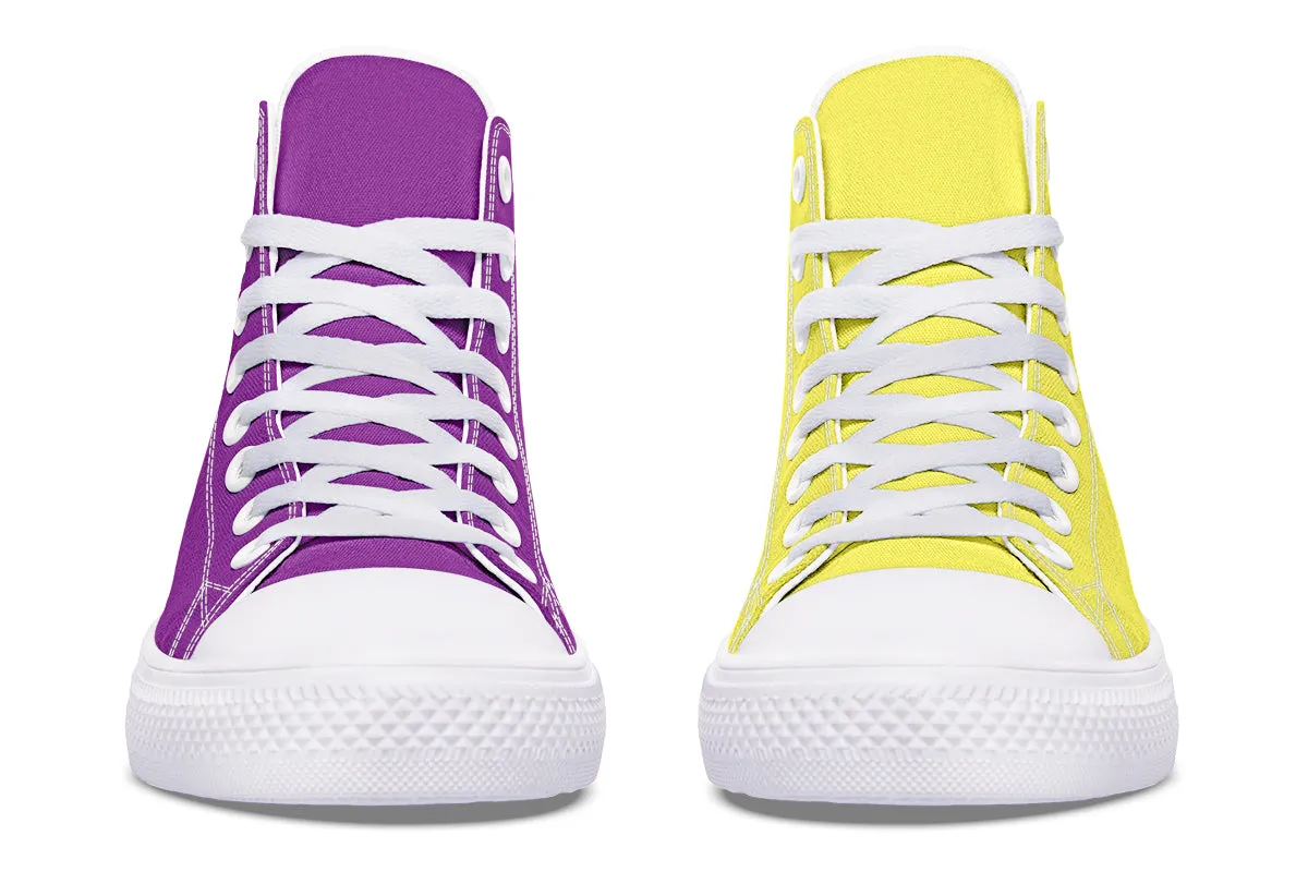 Yellow And Purple Mismatch High Tops