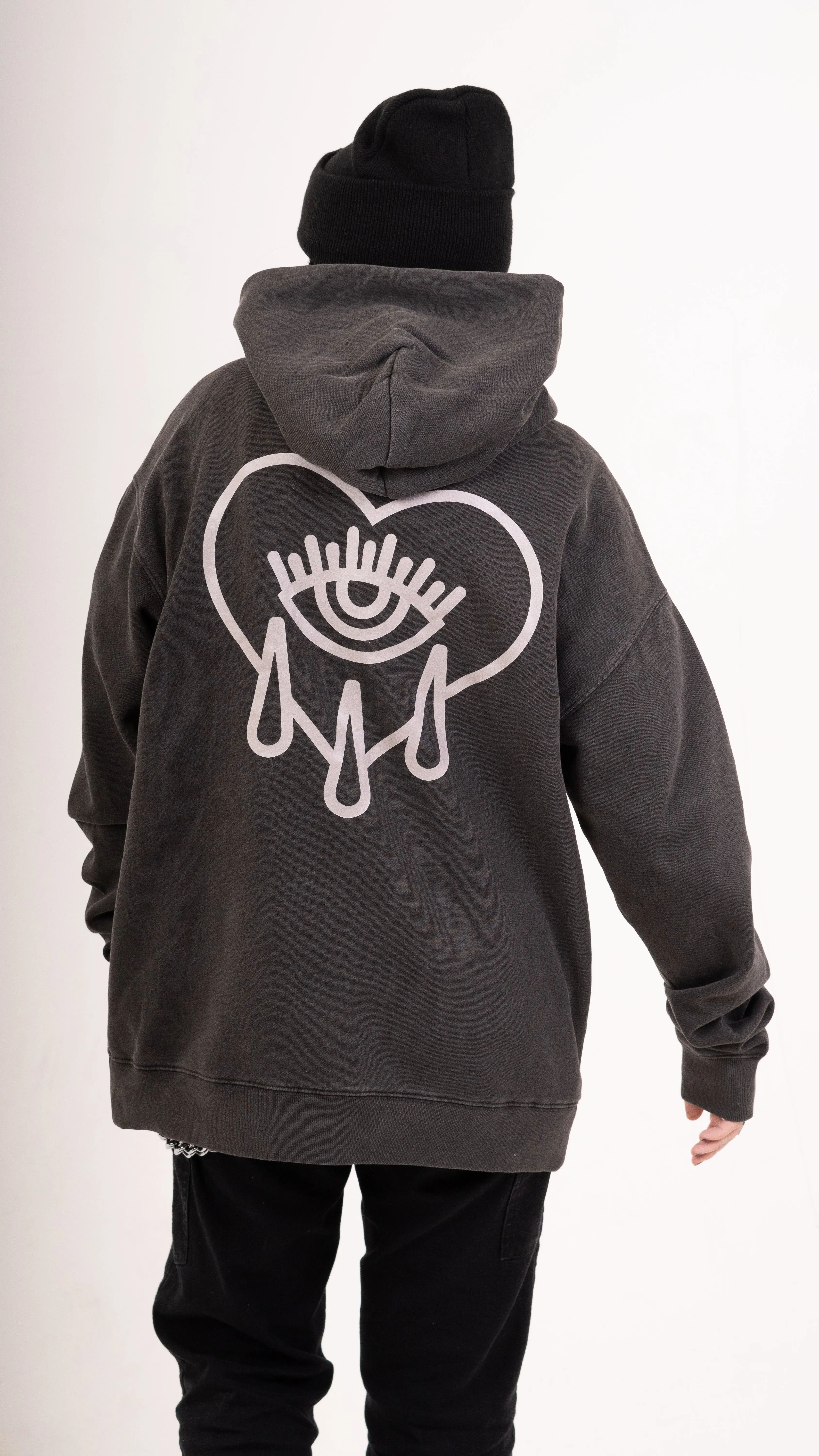 Zip Faded Crying Heart Hoodie - Black